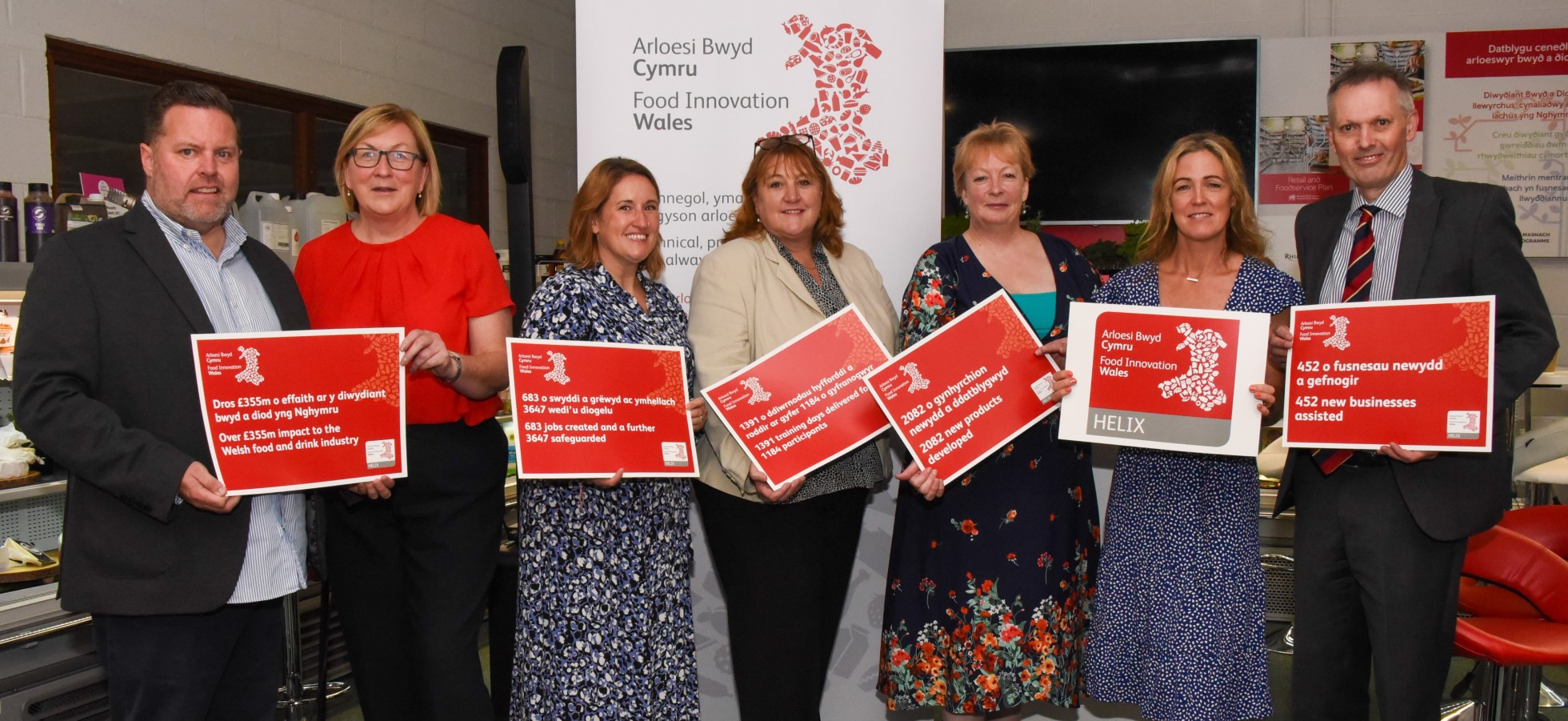 Innovation Wales staff pose for a photo to celebrate Project Helix's achievements.