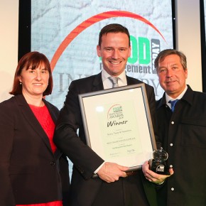 Best Ingredients Supplier Award, Winner: Kerry - L-R: Category partner Dr. Annette Creedon of Harper Adams University, award winner Ian Cullen of Kerry, and host John Torode.