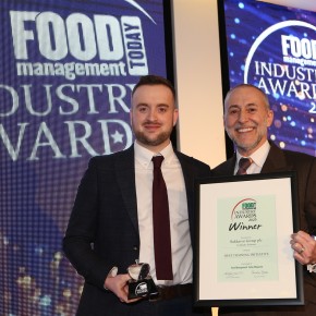 Best Training Initiative Award, partnered by Cutting Edge Services – Winner: Bakkavor Group (Graduate Programme). Richard Abraham, graduate programme manager of Bakkavor and Michel Roux Jr.