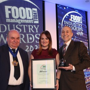 Best Frozen Product Award – Winner: Lidl Deluxe French Trimmed Lamb Rack with a Redcurrant & Ruby Port Sauce by Dunbia. L to R: The Master Tim Dumenil of The Worshipful Company of Butchers, Stacey Lacey of FMT collecting the award on behalf of Lidl/Dunbia and Michel Roux Jr.