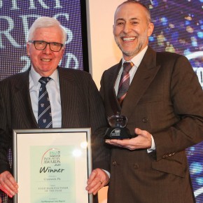 Food Manufacturer of the Year - Winner: Cranswick PLC. Bob Bansback OBE (left) collecting the award on behalf of Cranswick, and Michel Roux Jr.