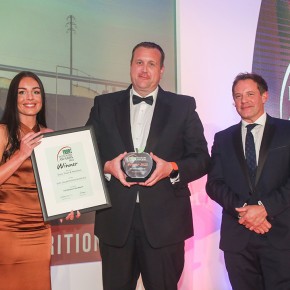 Best Ingredients Supplier: Winner - Kerry Taste and Nutrition. (l-r) Ivana Perkins on behalf of category partner Ecolab, Ian Chesworth of Kerry Taste and Nutrition with Matt Tebbutt.