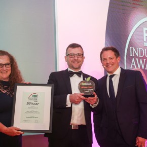 Best Machinery/Equipment: Winner - Handtmann Ltd. (l-r) Estelle Robinson of category partner Klüber Lubrication, Anthony Daniels of Handtmann Ltd with Matt Tebbutt.