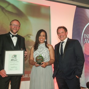 Best Bakery Product: Winner - Ocado Oven Bottom Muffins – G H Sheldon Wholesale Bakers Ltd. (l-r) Ed Hewitt of category partner Reiser UK, Michelle Ingerfield receiving on behalf of Ocado and Matt Tebbutt.