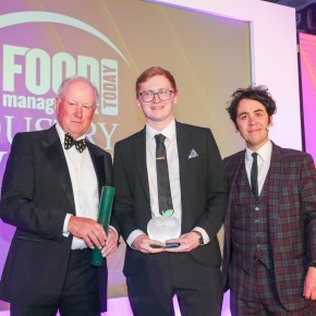 Best Training Initiative: Winner - ABP Talent Academy / Graduate Scheme. L-R: Norman Bagley of category partner the Association of Independent Meat Suppliers (AIMS), Rob Braiden, ABP, and awards host Pete Firman.