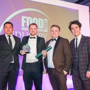 Best Red Meat Product: Winner - Waitrose No. 1 Dry Aged British Beef T-Bone Steak – Dovecote Park. L-R: Chris Fleming of category partner Everest People Solutions, with Ben Hudell, Waitrose, Ben Watling, Dovecote Park, and host Pete Firman.