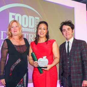 Best Poultry Product: Winner - Duck Three Bird Roast – Adlington Ltd. L-R: Christine Walsh of category partner ftc, Michelle Ingerfield on behalf of Adlington Ltd, and host Pete Firman.