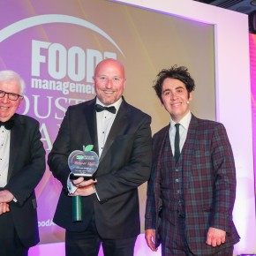 Best Dairy Product: Winner - Chef’s Larder Tuxford and Tebbutt Blue Stilton – Booker. L-R: Bob Bansback OBE of category partner Harper Adams University, and Mark Suddaby of Tesco, with Pete Firman.