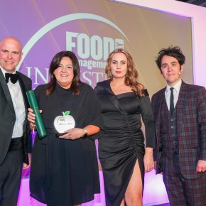 Food Manufacturer of the Year: Winner - Linden Foods. L-R: Graeme Rolinson of category partner Marel, with Diane Christie and Caoimhe Mallon of Linden Foods and host Pete Firman.